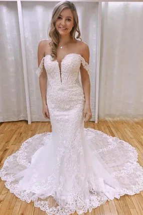 Gorgeous Mermaid Off-the-Shoulder Lace Wedding Dresses, Bridal Gowns, SW523