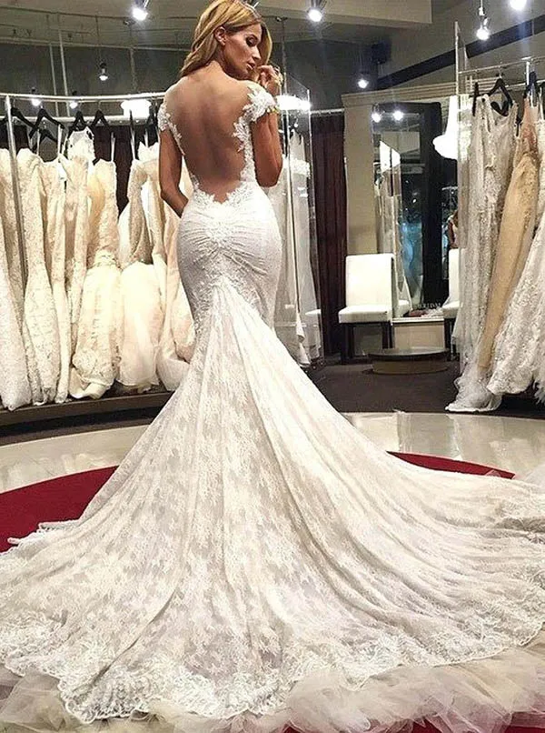 Gorgeous Tulle And Lace Sweetheart Mermaid Illusion Back Wedding Dresses, SW313
