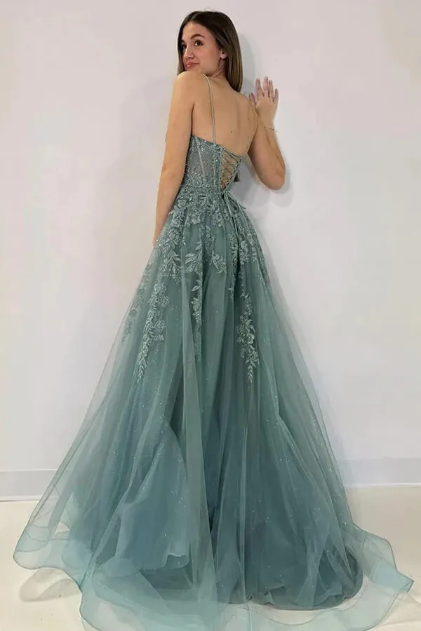 Gray Green Tulle A-line Lace Appliques Prom Dresses, Evening Gown, SLP013