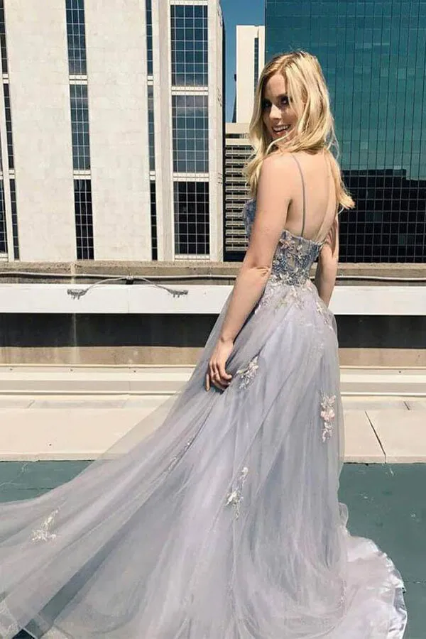 Grey Tulle A-line Spaghetti Straps Appliqued Prom Dresses, Formal Dresses, SP783