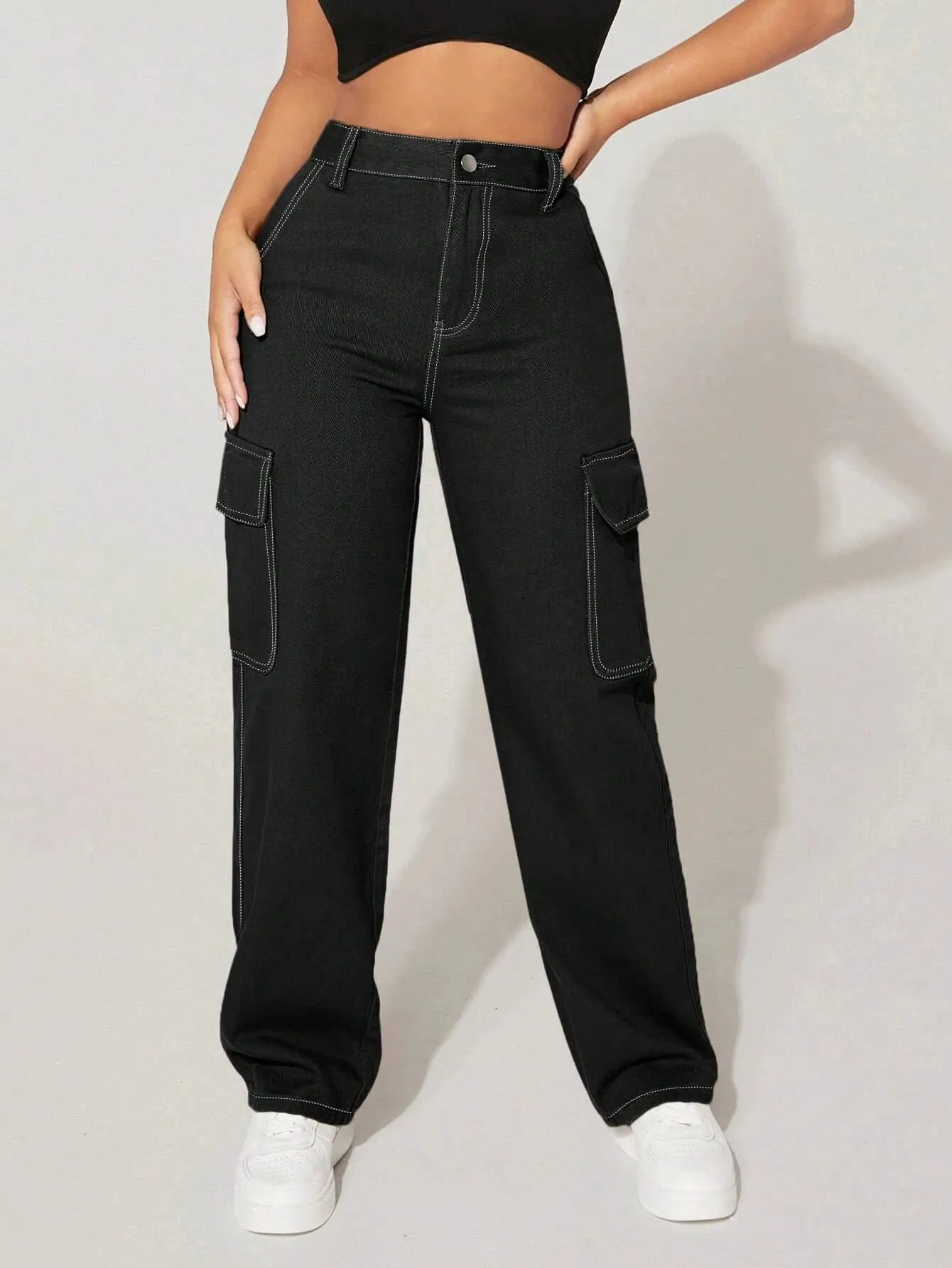 High Waist Functional Pocket Cargo Jeans