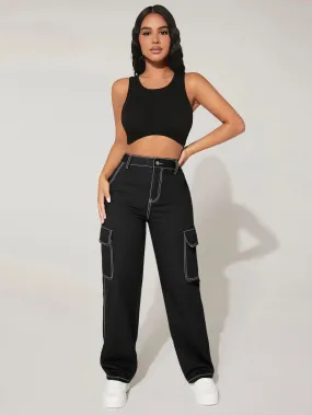 High Waist Functional Pocket Cargo Jeans