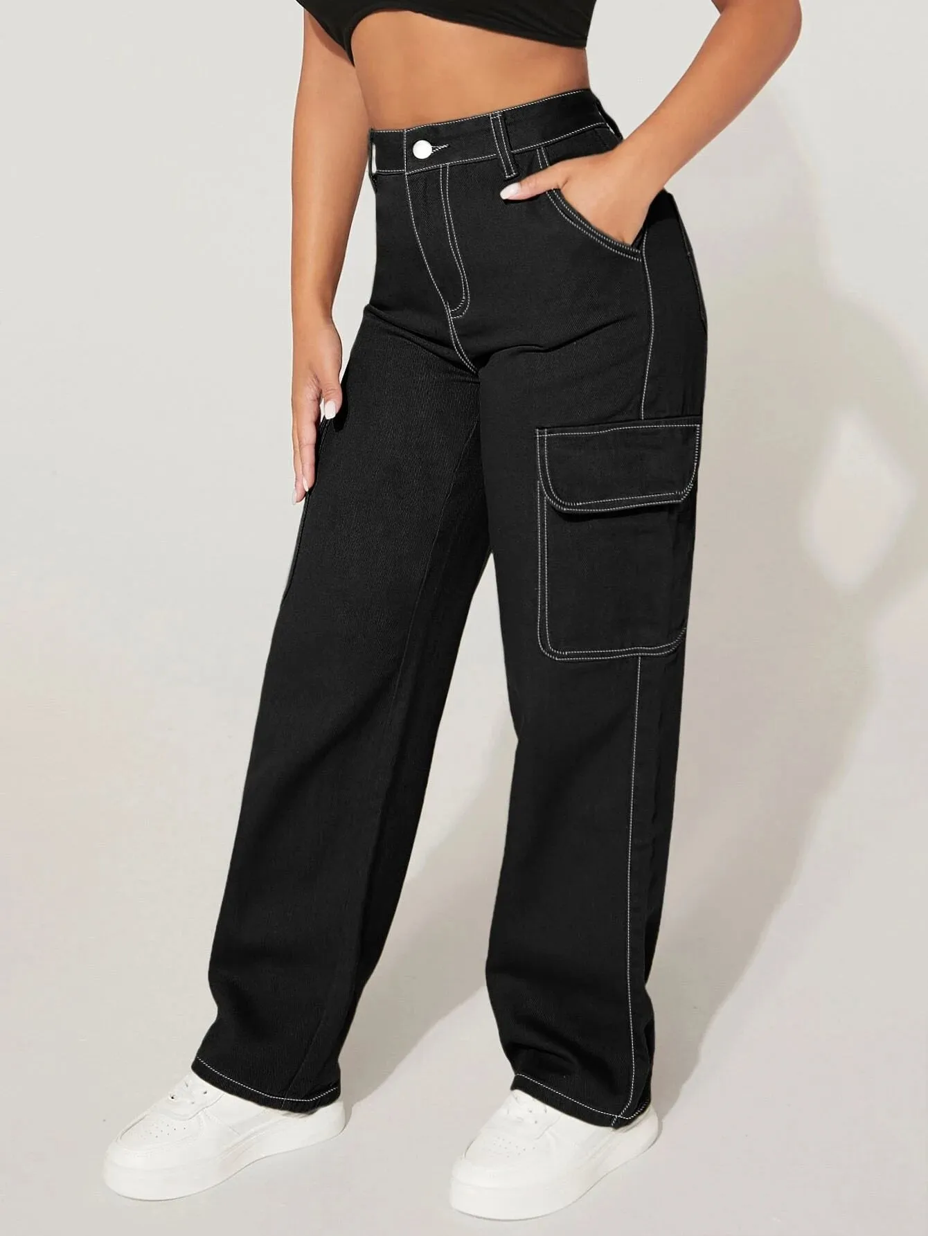 High Waist Functional Pocket Cargo Jeans