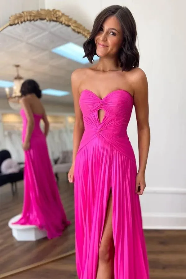 Hot Pink A-line Strapless Keyhole Pleated Prom Dresses, Party Dress, SP997