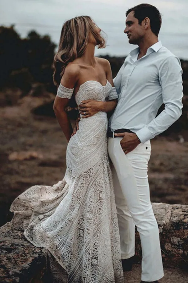 Ivory Rustic Boho Lace Sweetheart Neck Beach Wedding Dresses, Bridal Dress, SW272