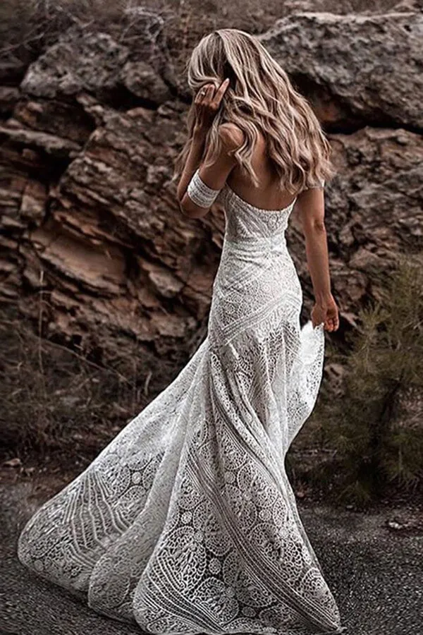Ivory Rustic Boho Lace Sweetheart Neck Beach Wedding Dresses, Bridal Dress, SW272