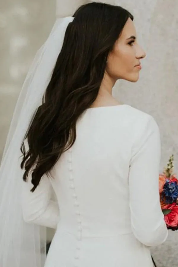 Ivory Satin Mermaid Long Sleeves Scoop Wedding Dresses, Bridal Gowns, SW502