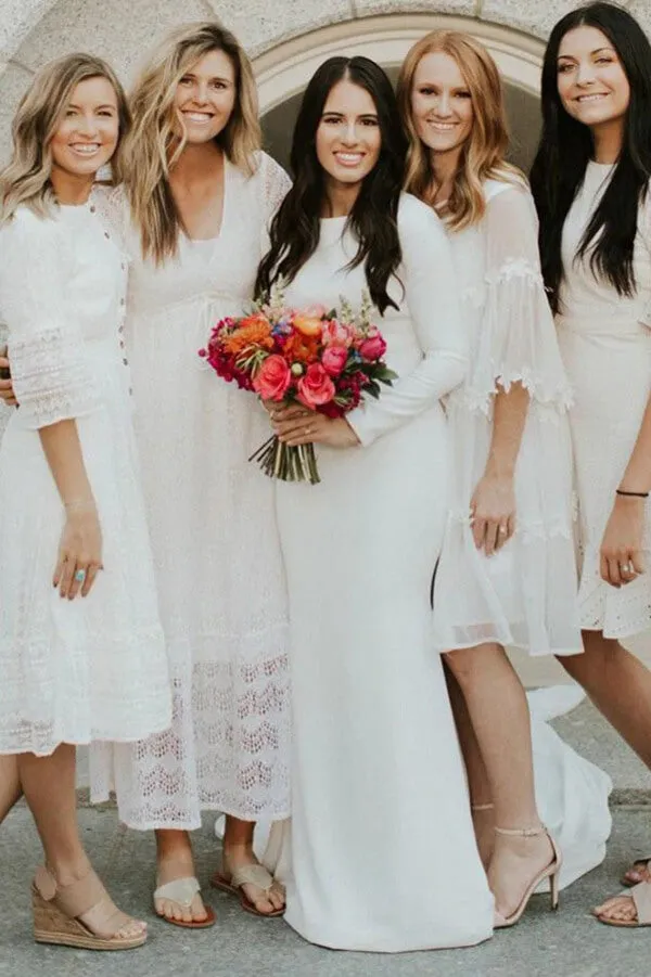 Ivory Satin Mermaid Long Sleeves Scoop Wedding Dresses, Bridal Gowns, SW502