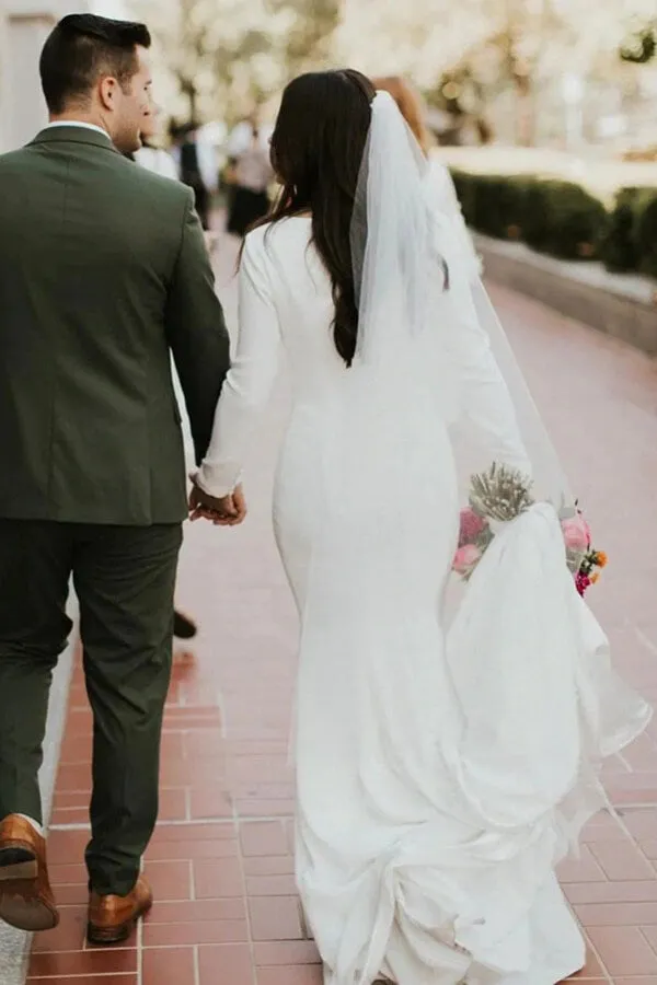 Ivory Satin Mermaid Long Sleeves Scoop Wedding Dresses, Bridal Gowns, SW502