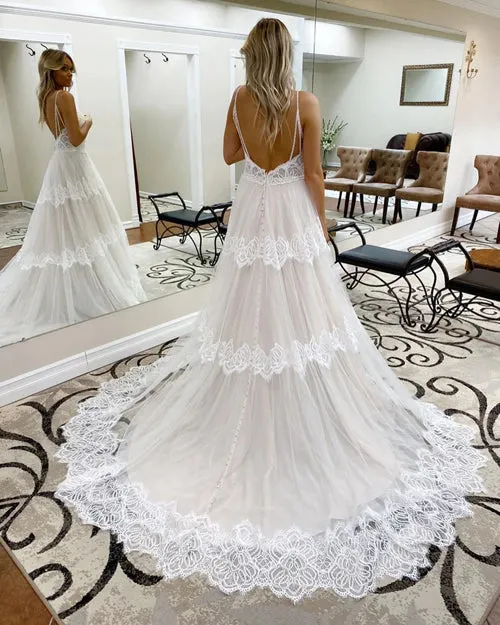 Lace A-line V-neck Spaghetti Straps Rustic Wedding Dresses, Bridal Gown, SW485
