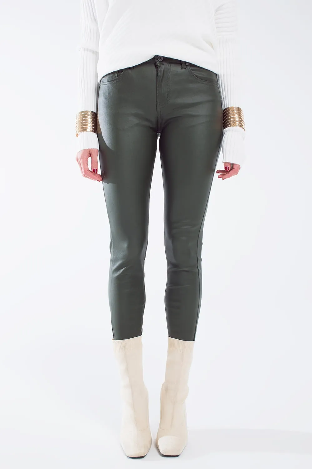 leatherette effect super skinny pants in olive green