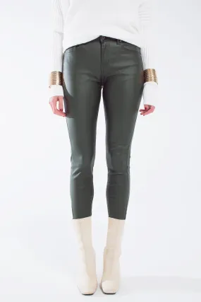 leatherette effect super skinny pants in olive green