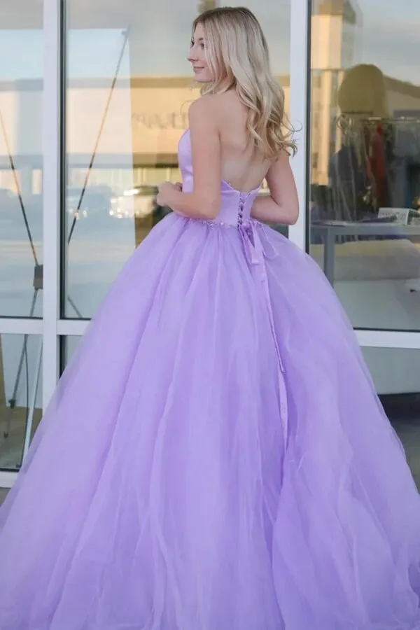 Lilac Ball Gown Tulle Sweetheart Neck Prom Dresses, Long Formal Dresses, SP871
