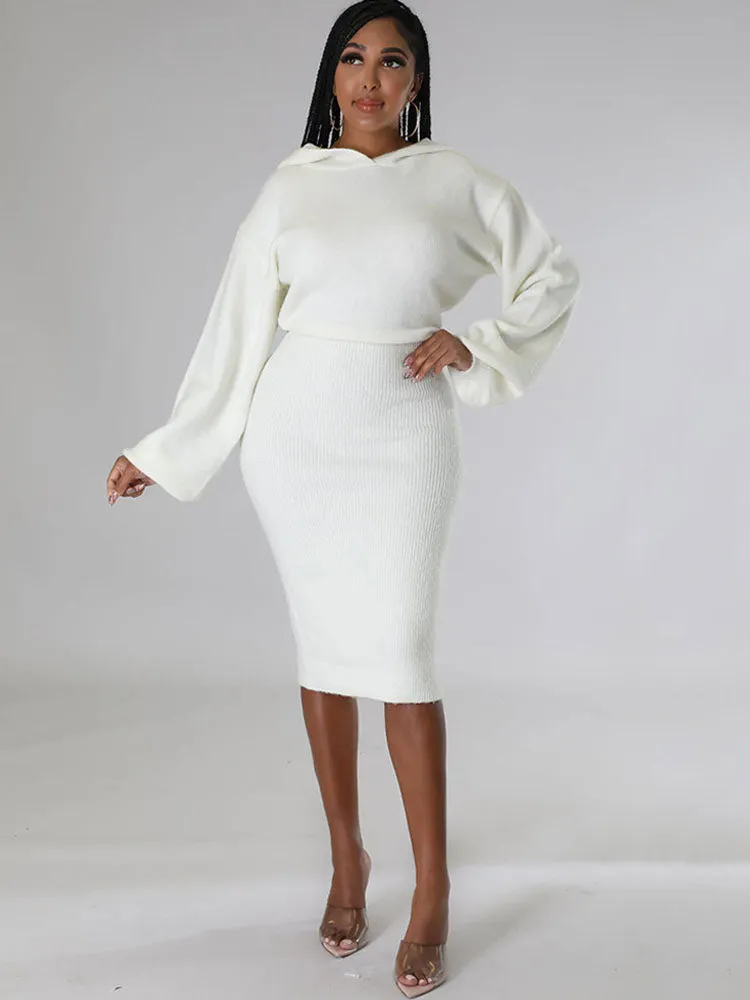 Long Sleeve Hooded Knit Midi Dresses