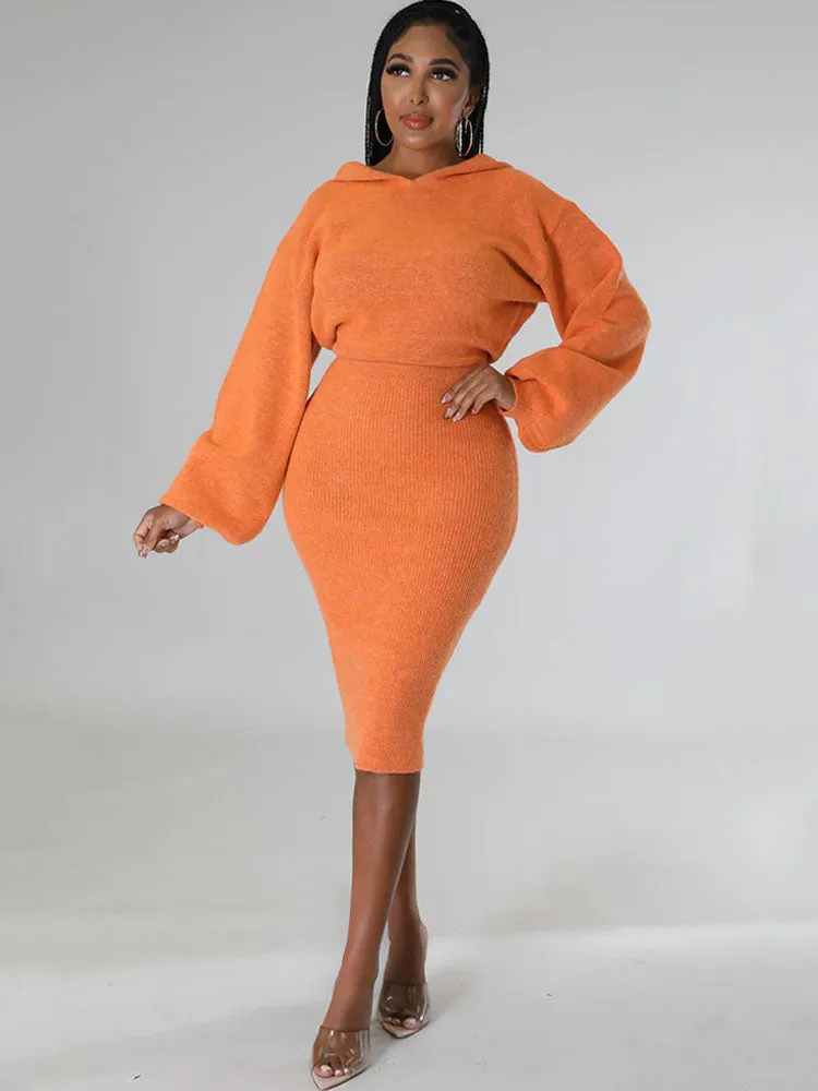 Long Sleeve Hooded Knit Midi Dresses