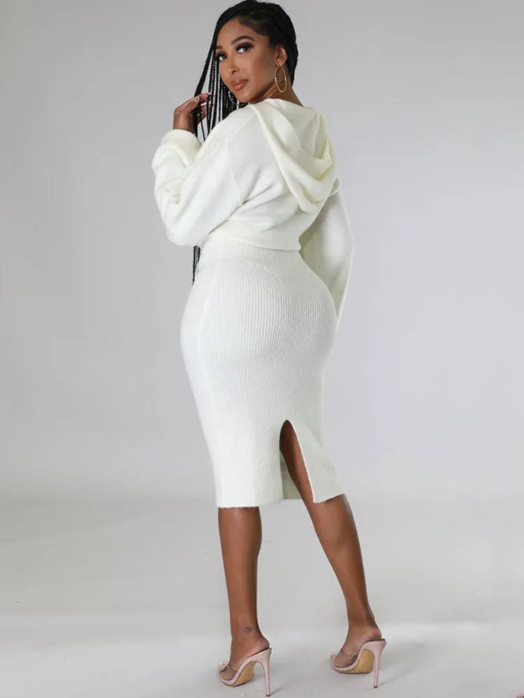 Long Sleeve Hooded Knit Midi Dresses