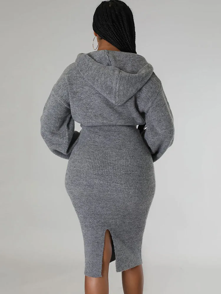 Long Sleeve Hooded Knit Midi Dresses