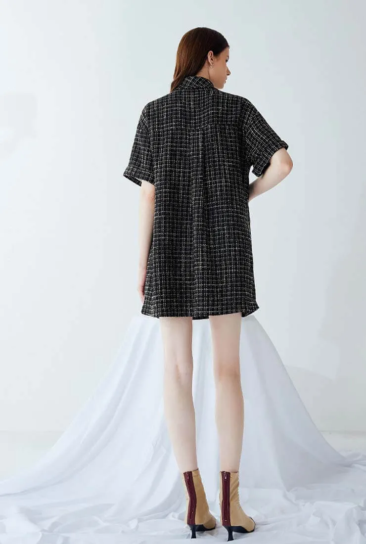Loose Plaid Tweed Shirt Dress