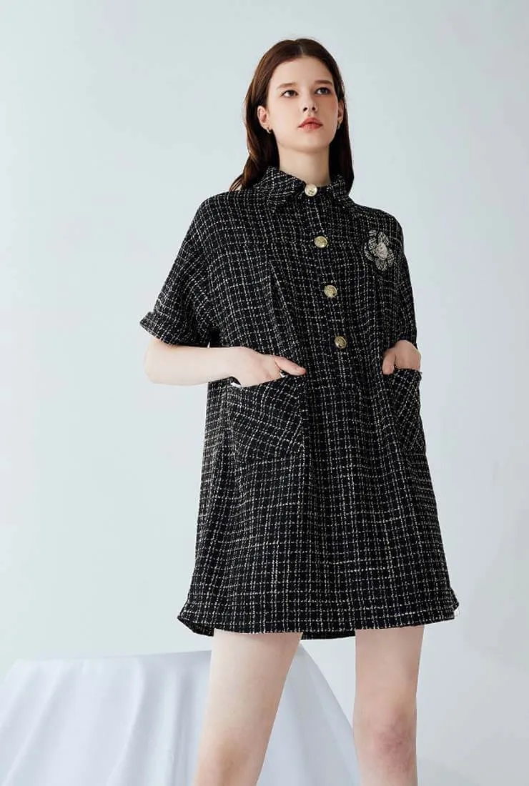 Loose Plaid Tweed Shirt Dress