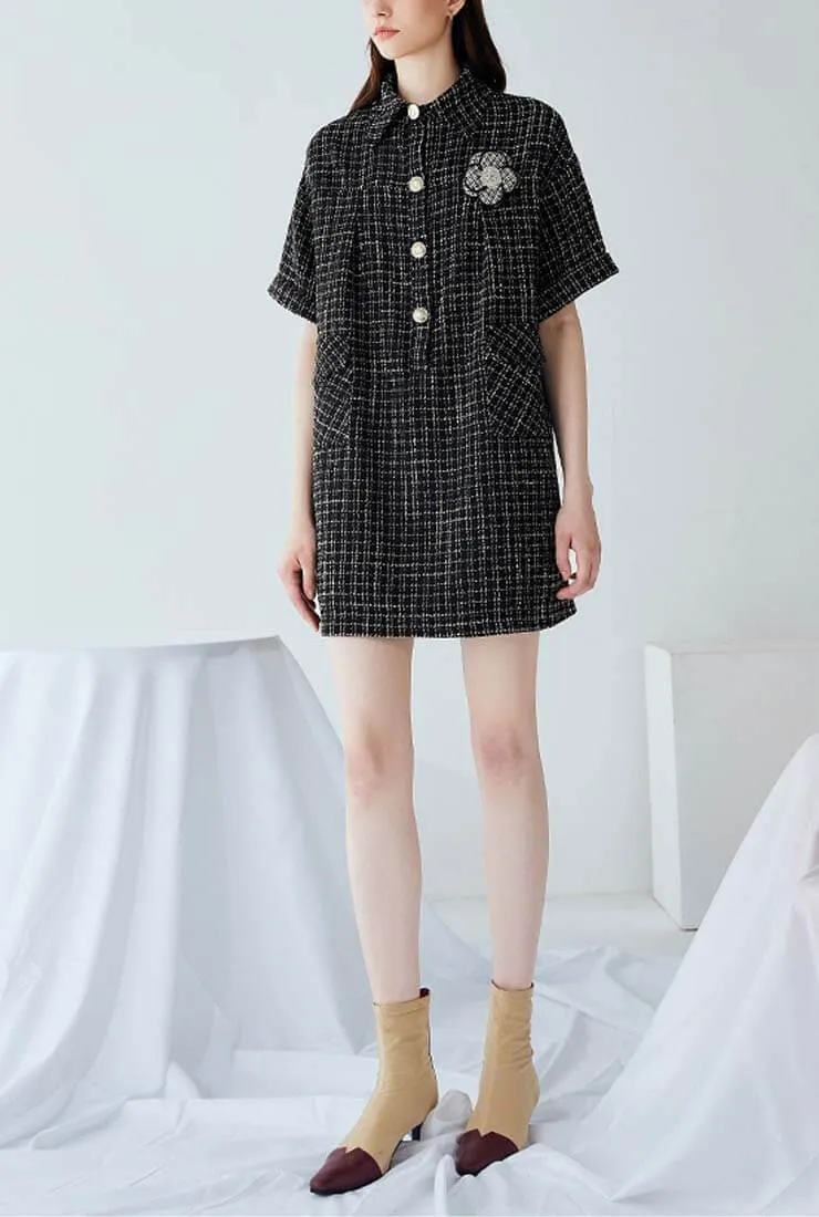 Loose Plaid Tweed Shirt Dress