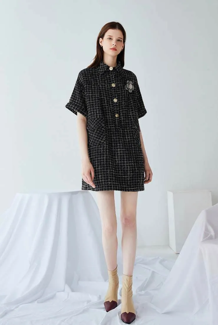 Loose Plaid Tweed Shirt Dress