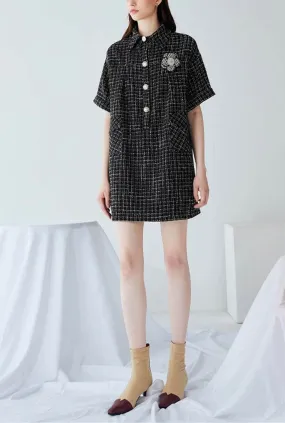 Loose Plaid Tweed Shirt Dress