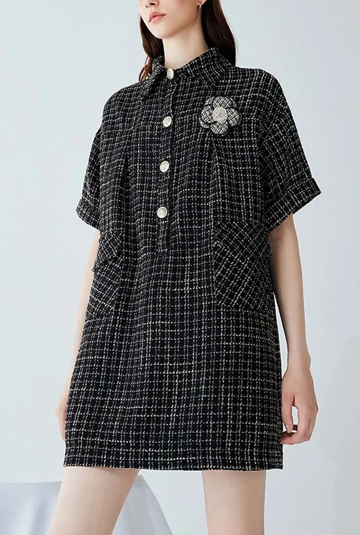Loose Plaid Tweed Shirt Dress