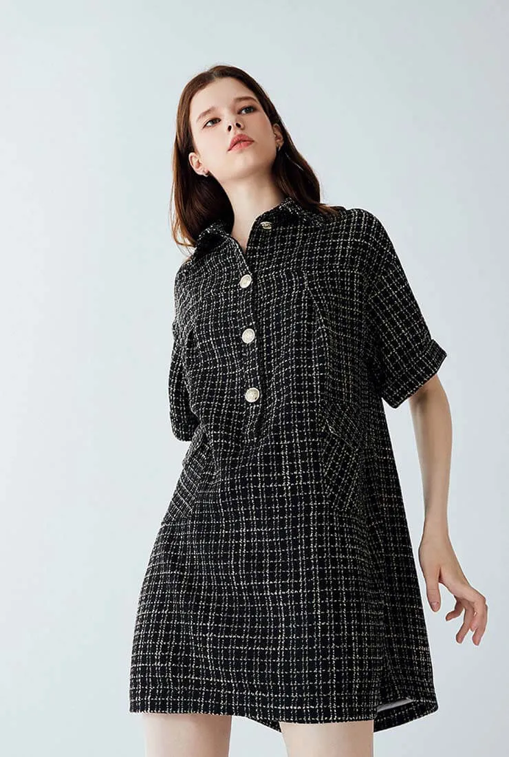 Loose Plaid Tweed Shirt Dress
