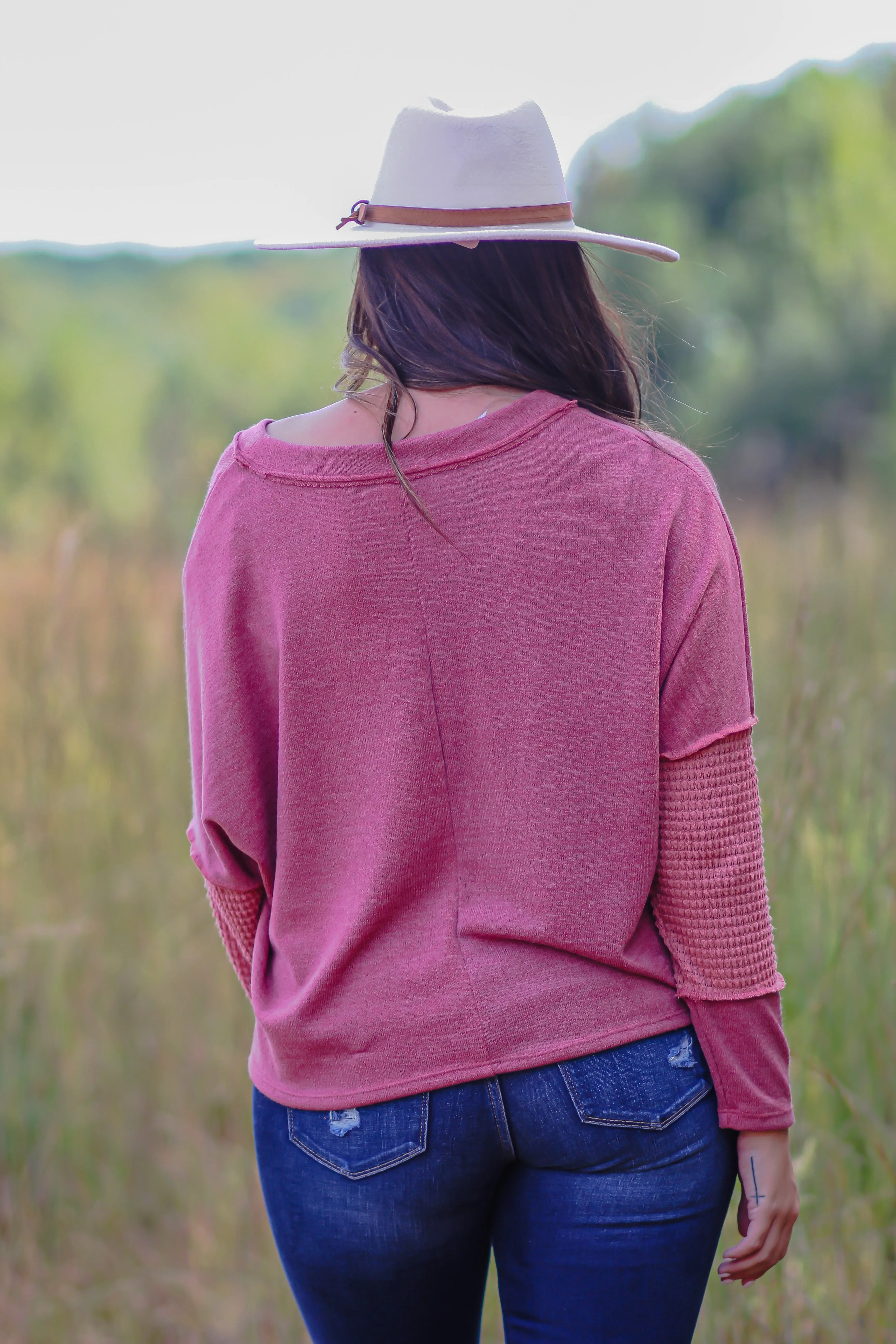 Marsala Waffle Knit Contrast V Neck Top