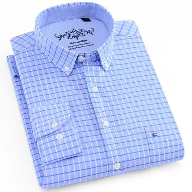Men's Long Sleeves Plaid and Striped Oxford Dress Shirts
