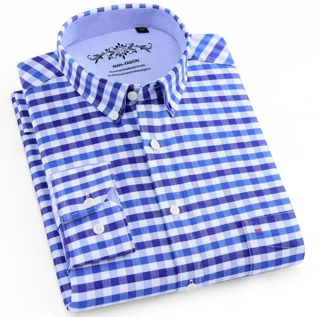 Men's Long Sleeves Plaid and Striped Oxford Dress Shirts