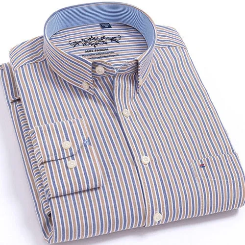 Men's Long Sleeves Plaid and Striped Oxford Dress Shirts