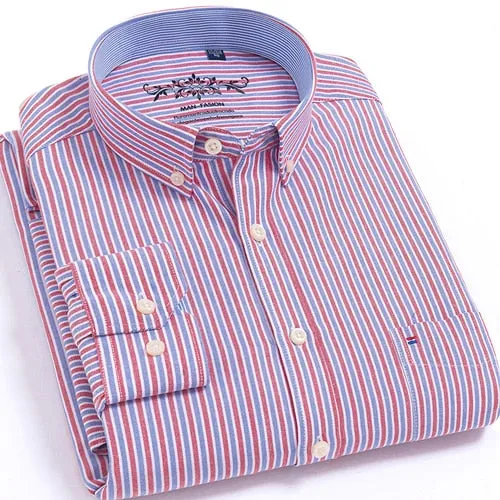 Men's Long Sleeves Plaid and Striped Oxford Dress Shirts