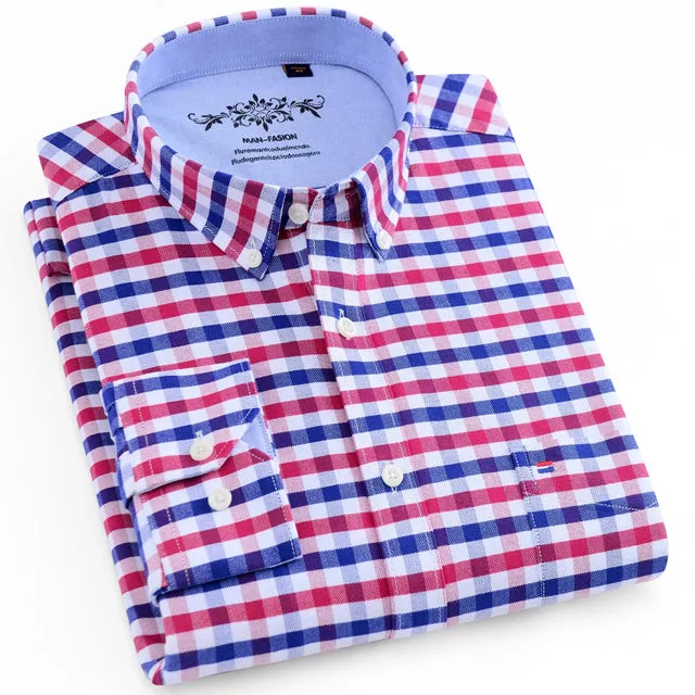 Men's Long Sleeves Plaid and Striped Oxford Dress Shirts