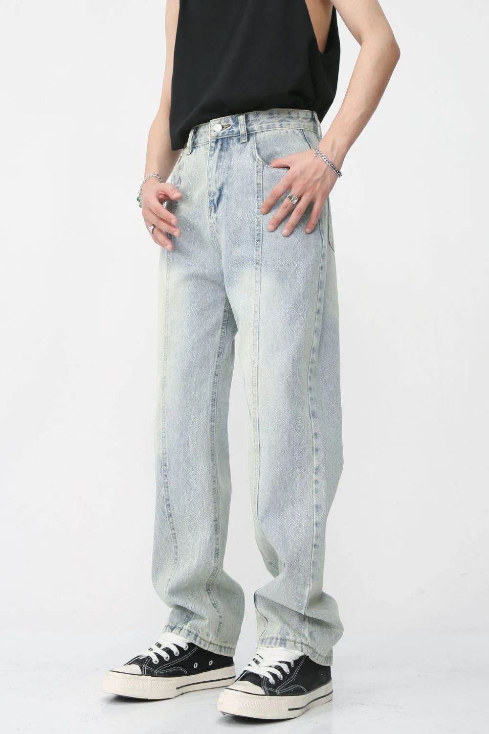 Men's Washed Splicing Straight Leg Jeans