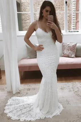 Mermaid Lace Spaghetti Straps Wedding Dresses With Train, Bridal Gown, SW623