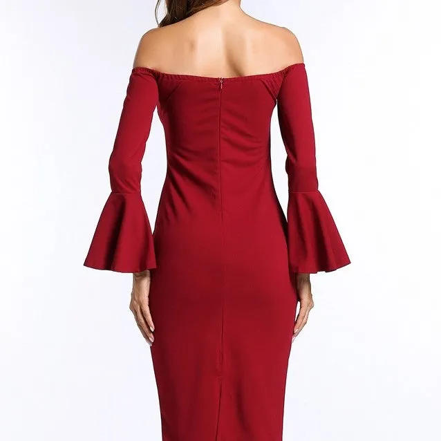 Off Shoulder Butterfly Long Sleeve Bodycon Dress