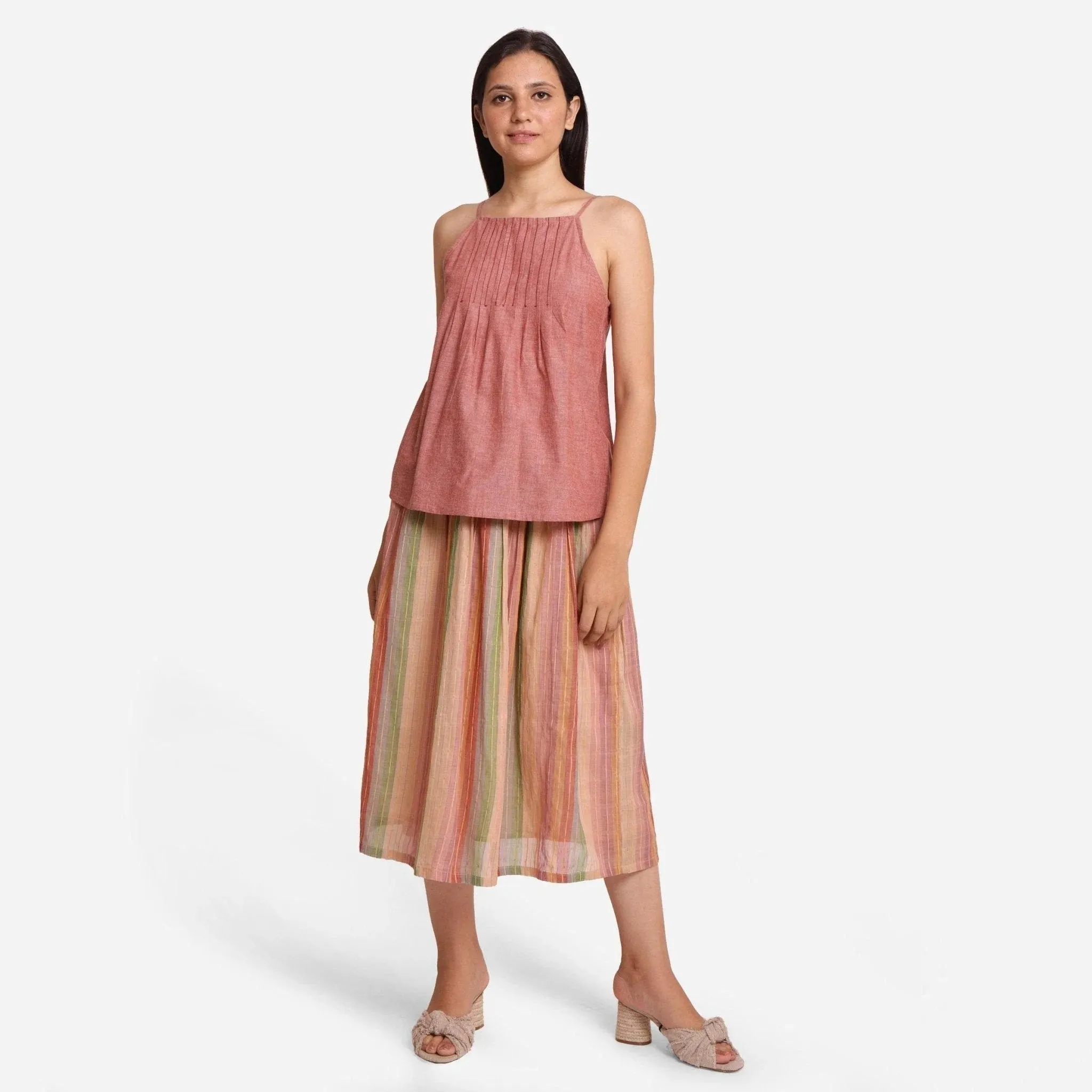 Peach Mangalgiri Cotton Flared Spaghetti Top