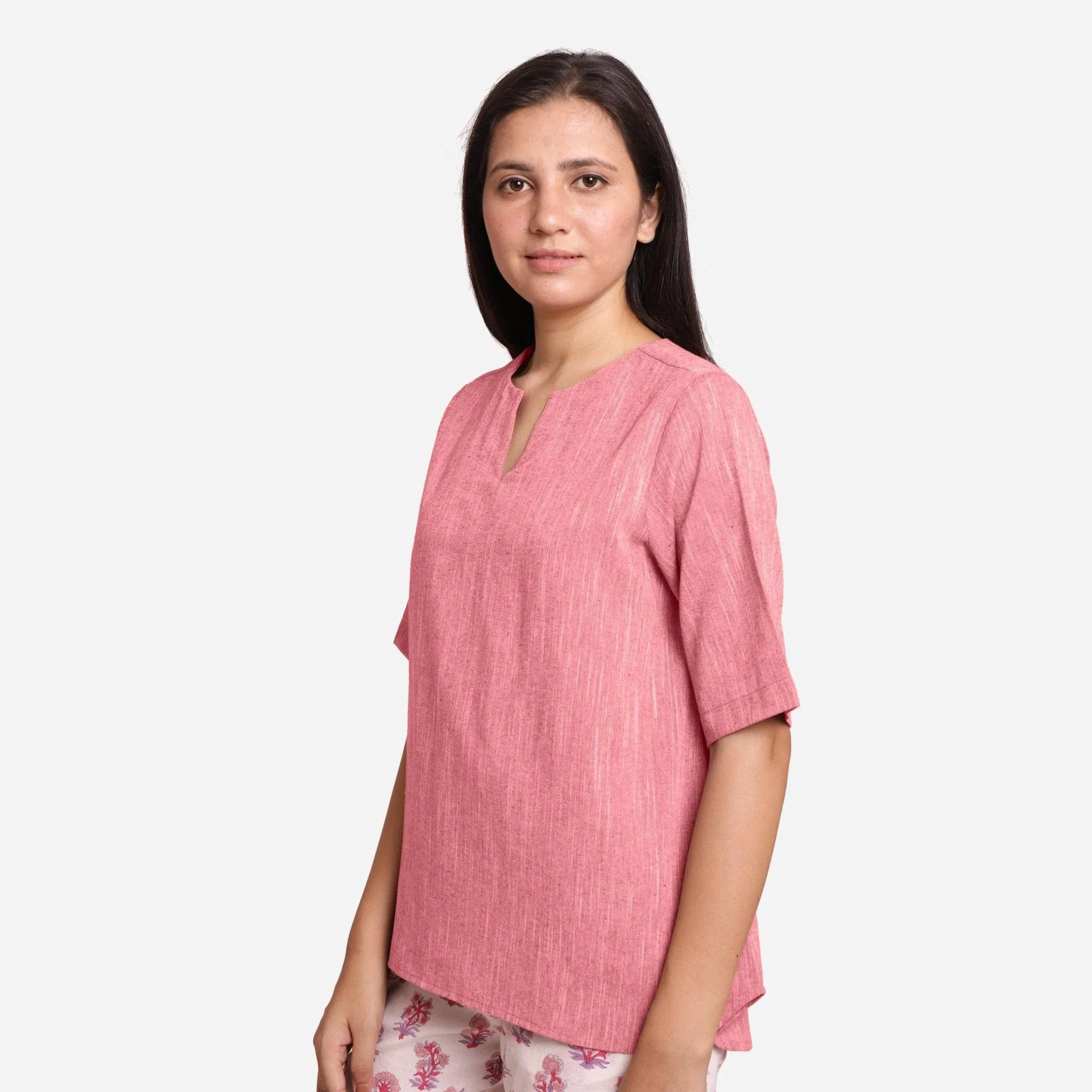 Pink Yarn Dyed 100% Cotton High-Low Tunic Top
