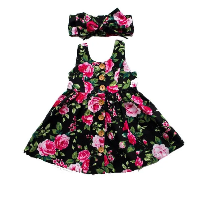 Pudcoco 2019 New Toddler Infant Kids Baby Girls Summer Floral Dress Princess Party Sleeveless Dresses Headband 2pcs 0-4Y