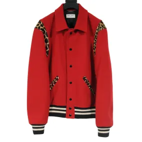 Red Leopard Print Wool Teddy Varsity Bomber Jacket