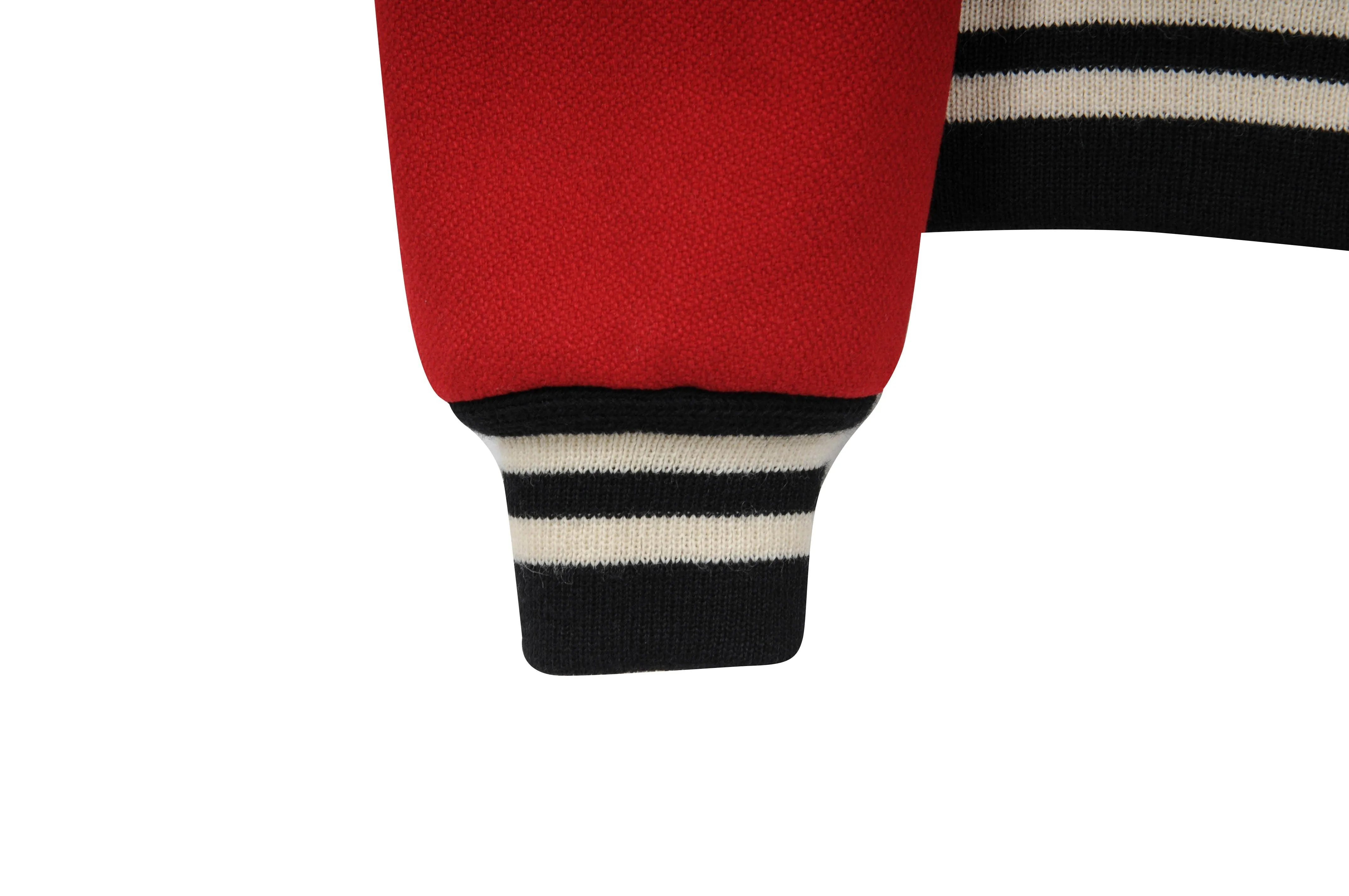 Red Leopard Print Wool Teddy Varsity Bomber Jacket