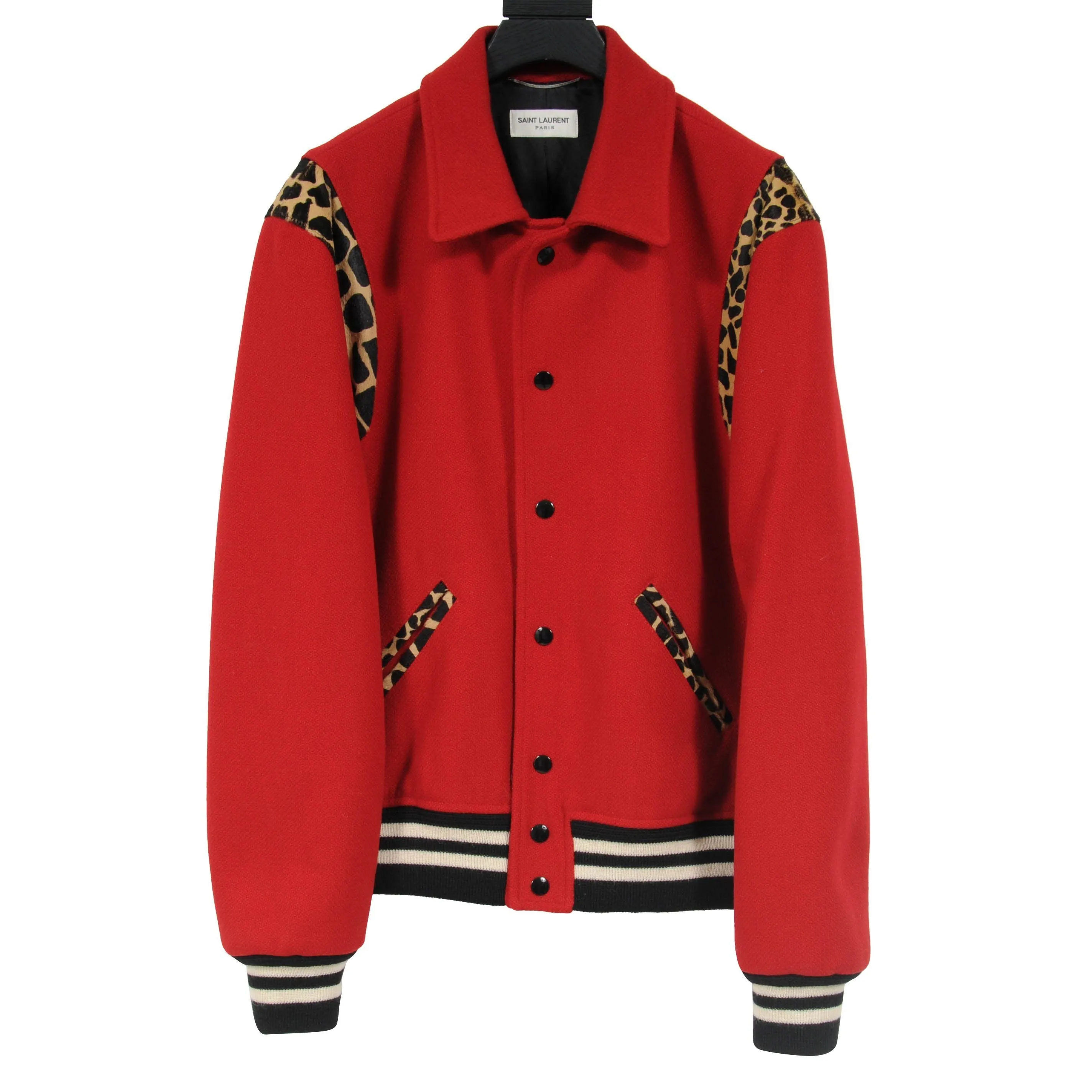 Red Leopard Print Wool Teddy Varsity Bomber Jacket