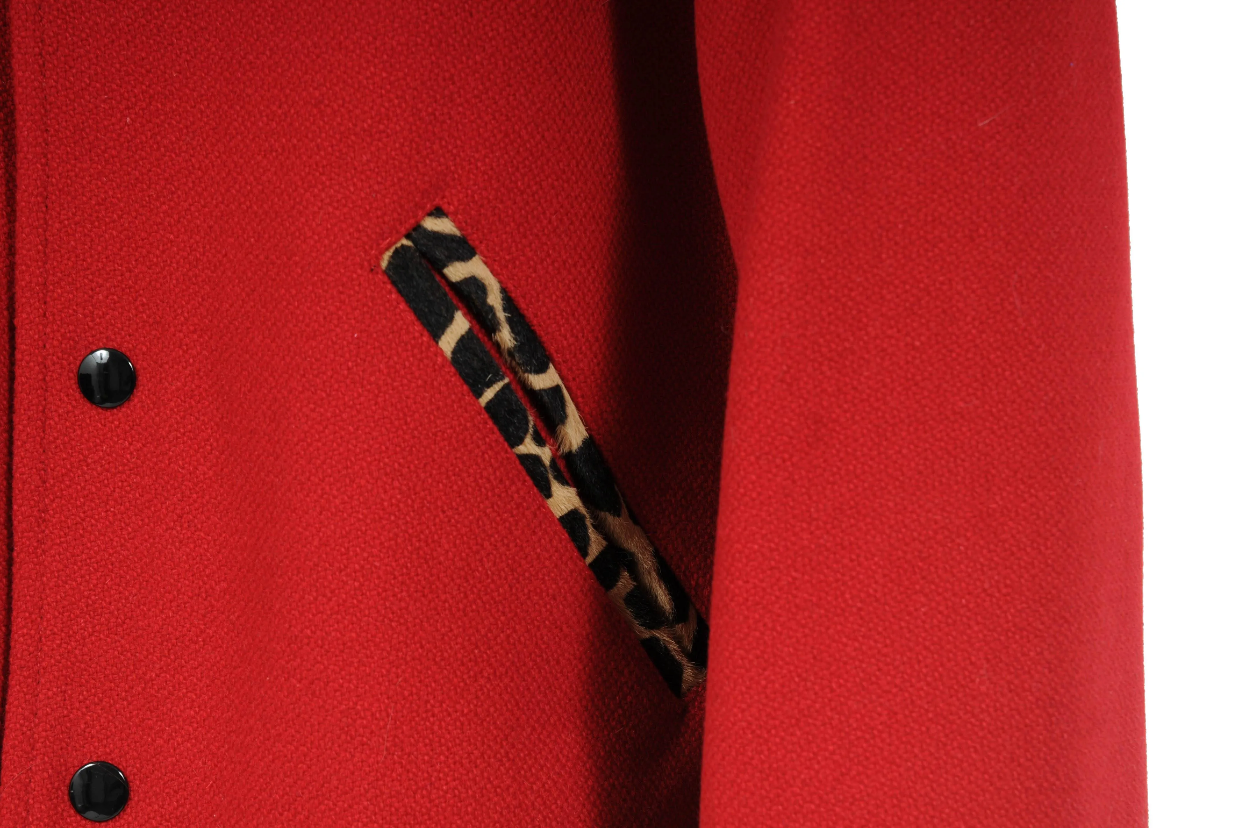Red Leopard Print Wool Teddy Varsity Bomber Jacket