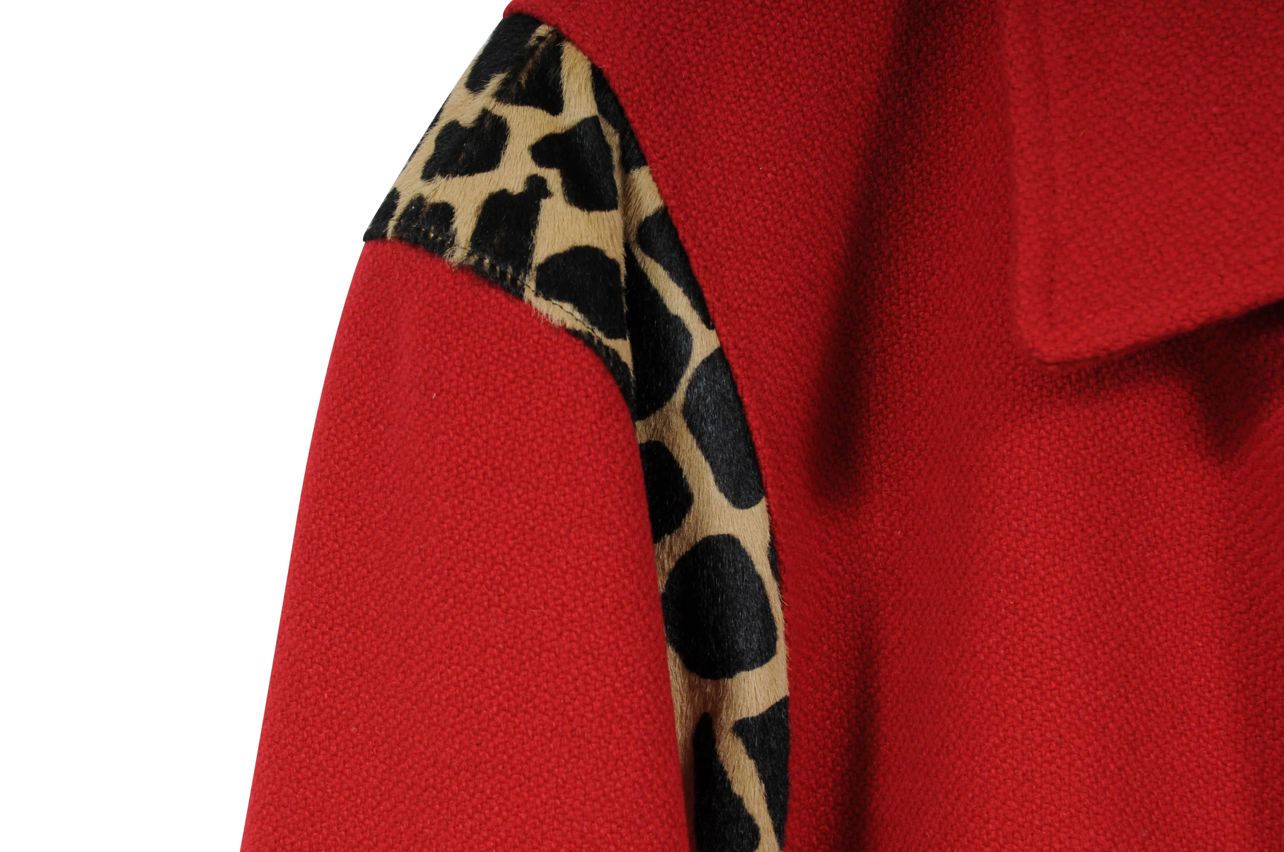 Red Leopard Print Wool Teddy Varsity Bomber Jacket