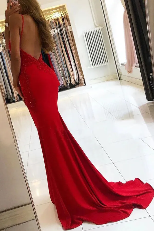 Red Mermaid V-neck Backless Prom Dresses With Lace, Formal Dresses, SP955