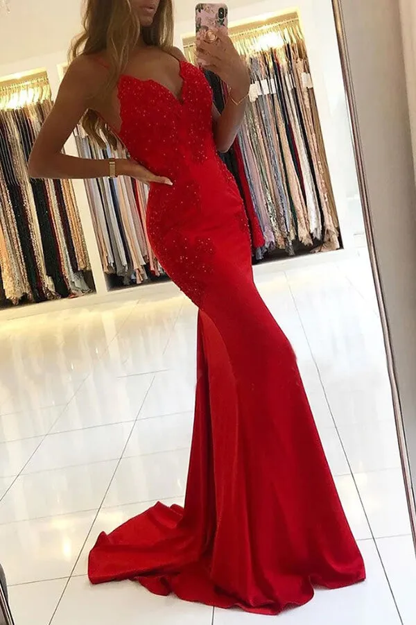 Red Mermaid V-neck Backless Prom Dresses With Lace, Formal Dresses, SP955