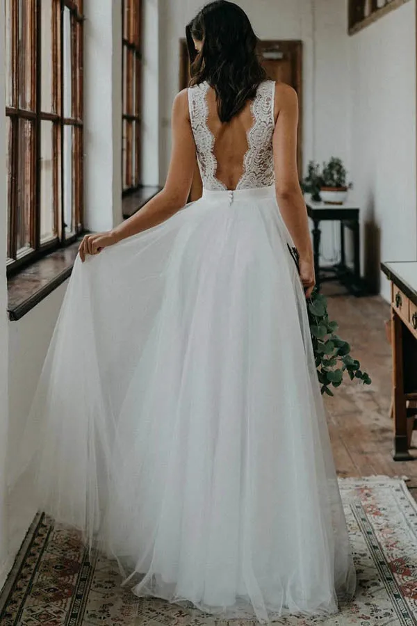 Simple White Tulle And Lace A-line V-neck Open Back Beach Wedding Dresses, SW309