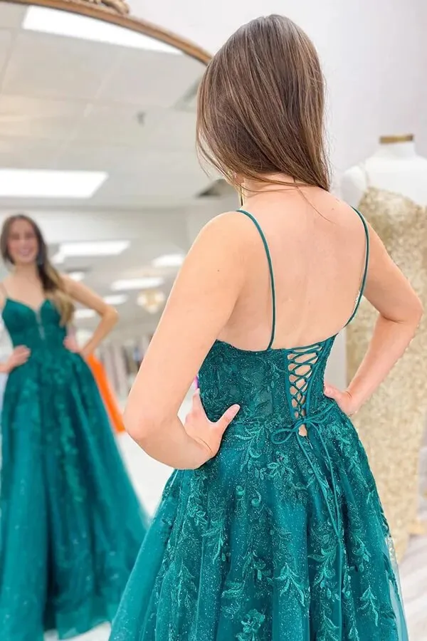 Sparkly Emerald Green A-line Spaghetti Straps Lace up Long Prom Dresses, SLP032
