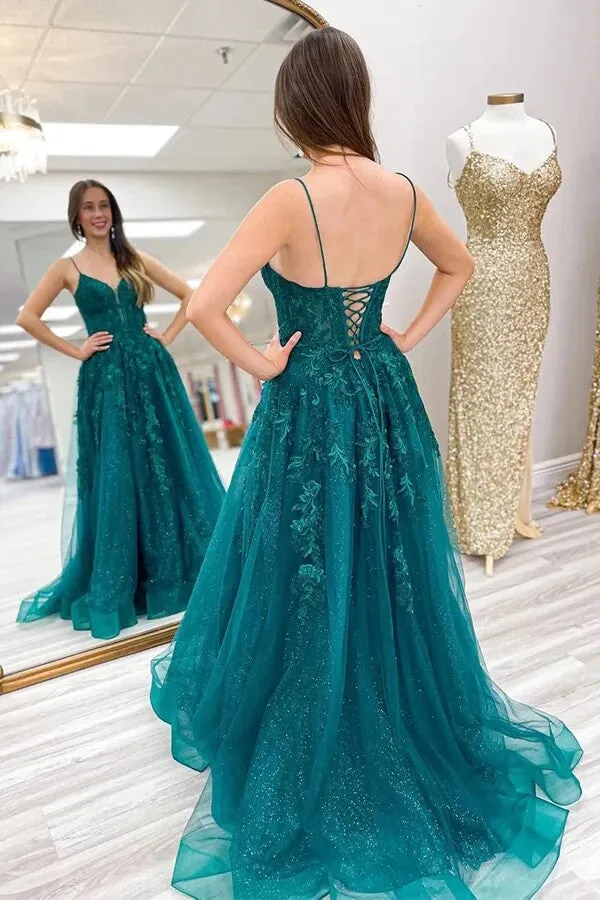 Sparkly Emerald Green A-line Spaghetti Straps Lace up Long Prom Dresses, SLP032